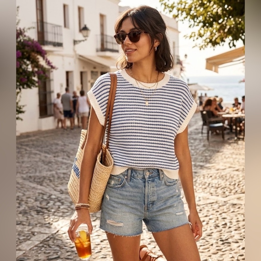 Striped Knit Short Sleeve Top - Blue & White size L